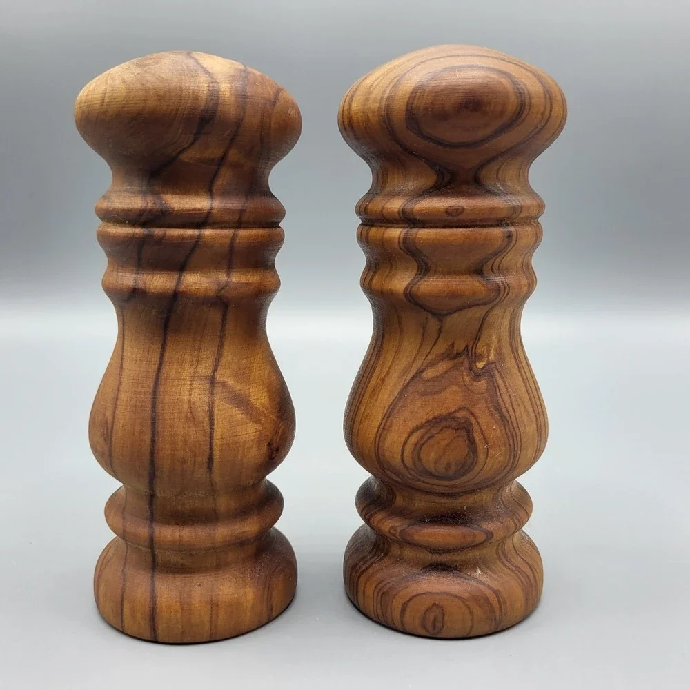 Vintage Salt and Pepper Shakers Olive Wood Hand Turned Brown Decorative